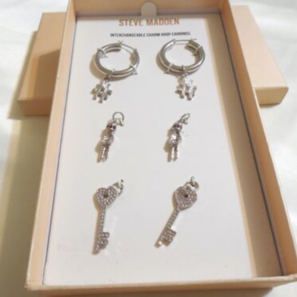 Steve Madden Silver-Tone Hoop Earrings With Interchangeable Charm Gift Set - Picture 4 of 4